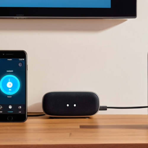 Home 7 **Smart Speaker Installation Setup**: An illustration showing a cozy living room with a smart speaker plugged into an outlet, a smartphone displaying a setup app, and a stable Wi-Fi router nearby. The atmosphere should convey preparation and excitement for technology integration.
