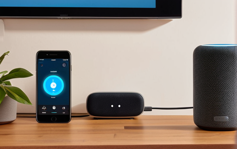 **Smart Speaker Installation Setup**: An illustration showing a cozy living room with a smart speaker plugged into an outlet, a smartphone displaying a setup app, and a stable Wi-Fi router nearby. The atmosphere should convey preparation and excitement for technology integration.